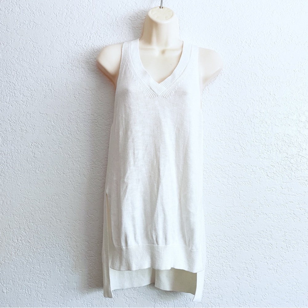 Anthropologie White Knit Vest Sleeveless Long Top V-Neck XS High Low Cotton